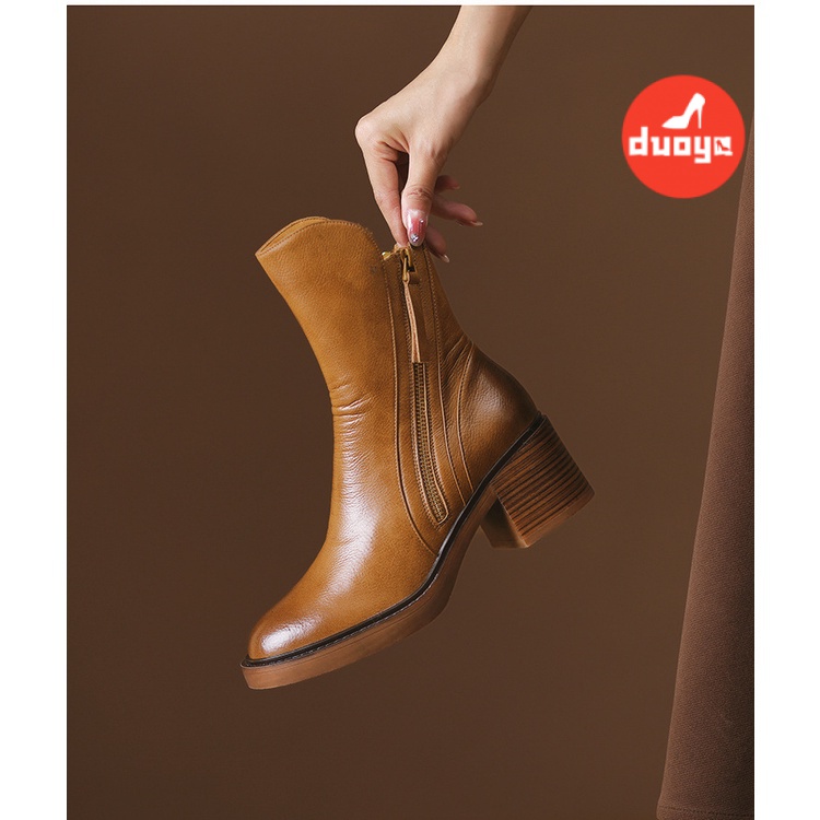Duoya Giày Bốt Martin Da Mềm Gót Dày Màu Nâu Phong Cách Anh Quốc Cho Nữ