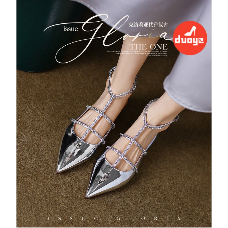 Duoya Tóc Thẳng ~ [Hàng Có Sẵn] [Hàng Có Sẵn] Giày Cao Gót Mũi Nhọn Rỗng Đính Đá Rhinestone Mùa Xuân Miễn Phí Vận Chuyển
