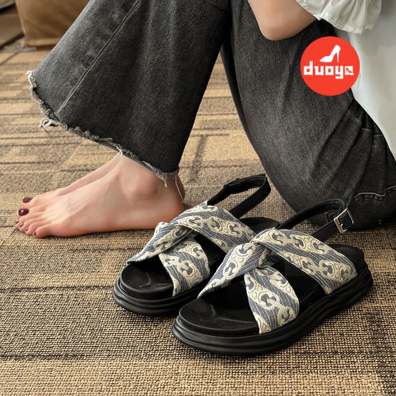 Duoya Tóc Thẳng ~ [Hàng Có Sẵn] Giày Sandal Đế Dày Quai Chéo Dễ Phối Đồ Phong Cách Roman Cho Nữ Miễn Phí Vận Chuyển
