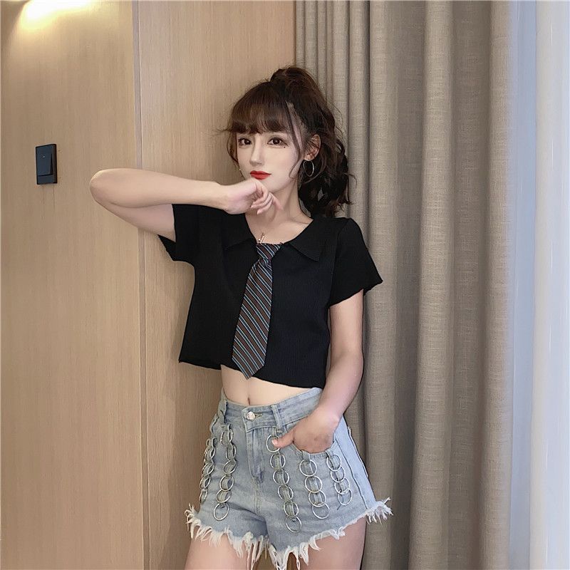 IELGY        Áo Thun Dệt Kim Ngắn Tay Thắt Cà Vạt Phong Cách Hàn Quốc Cho Nữ