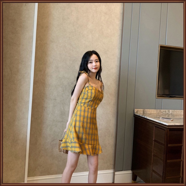 Đầm Dáng Ôm Họa Tiết Kẻ Sọc Màu Vàng Thời Trang Mùa Hè Cho Nữ