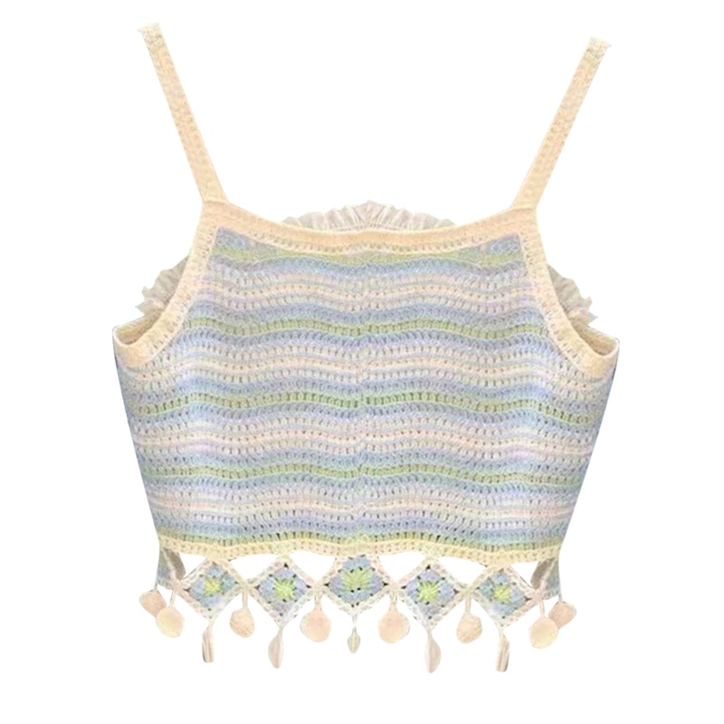 Áo Dệt Kim Sát Nách Cổ Tròn Phối Tua Rua Thời Trang Mùa Hè Dễ Thương Cho Nữ