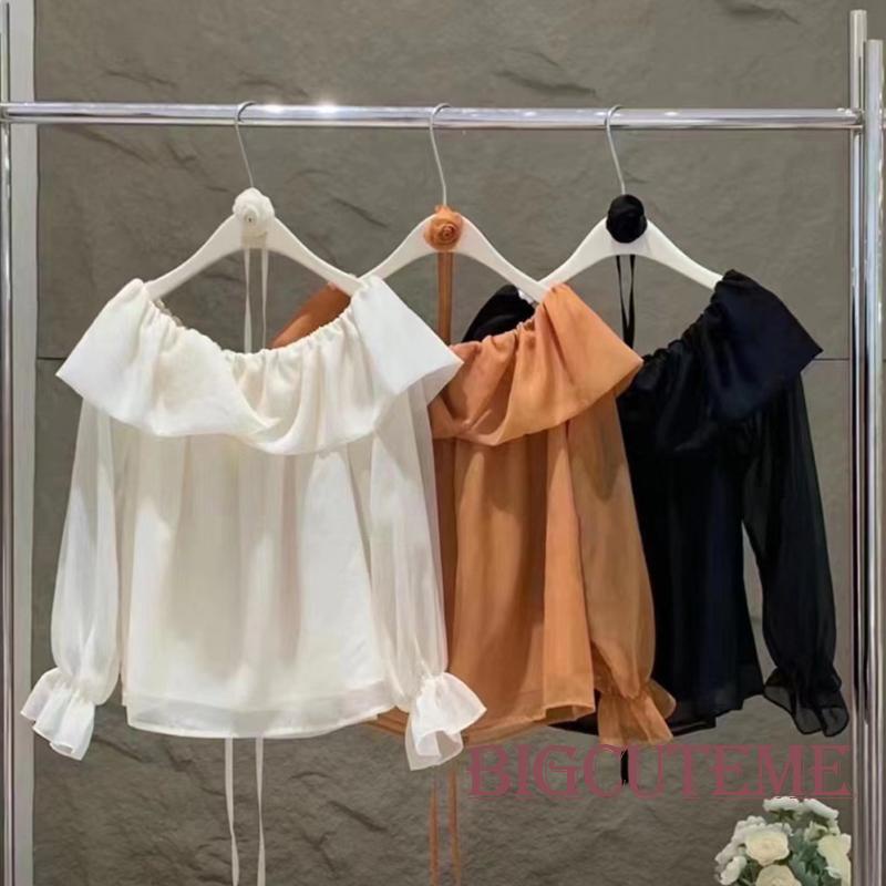 Set Áo Trễ Vai Xuyên Thấu Dài Tay + Vòng Cổ Hoa Thời Trang Dành Cho Nữ