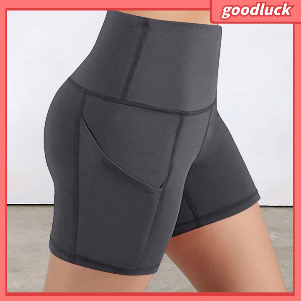 Quần Short Thể Thao Màu Trơn Lưng Cao Chống Sốc Có Túi Thời Trang Mùa Hè Cho Nữ