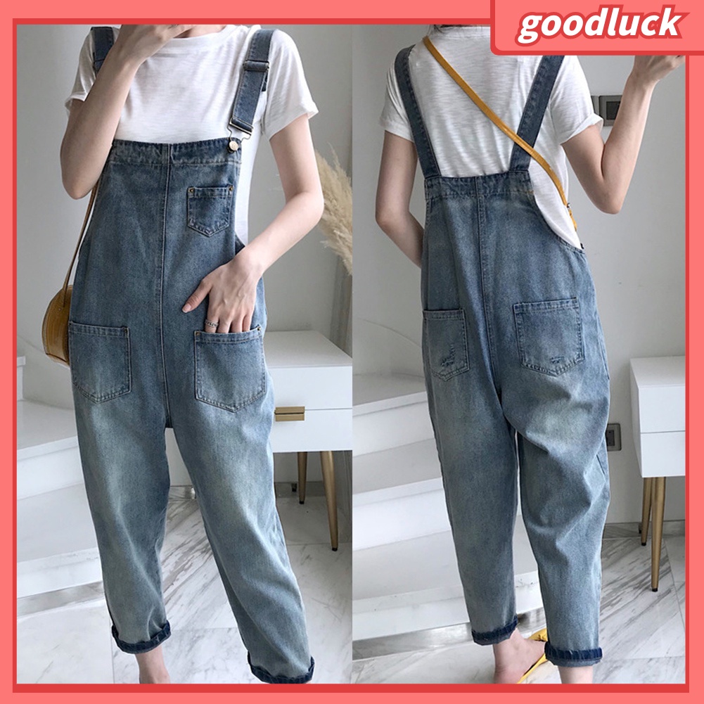 Quần Yếm Denim Ống Rộng Phối Túi Thời Trang Cho Nữ