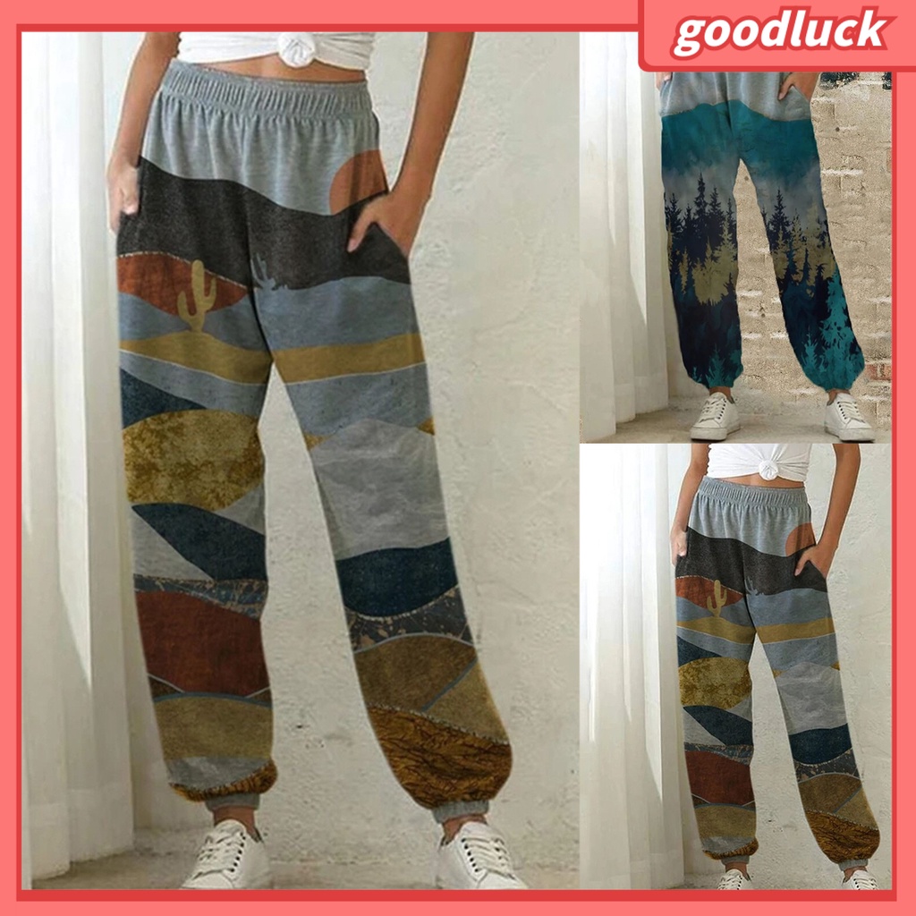 Quần Thể Thao Lưng Cao Dáng Rộng Có Túi In Hình Phong Cảnh Dành Cho Nữ