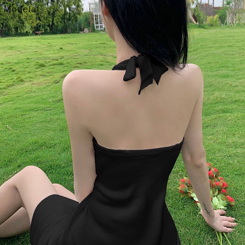 Đầm Hai Dây Cổ Chữ V Hở Lưng Màu Đen Thời Trang Mùa Hè Cho Nữ