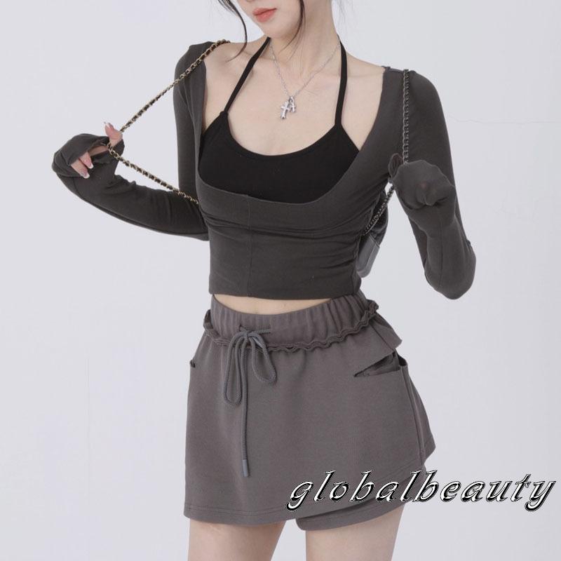 Áo Thun Tay Dài Ôm Dáng + Áo Hai Dây Gợi Cảm Hợp Thời Trang Cho Nữ