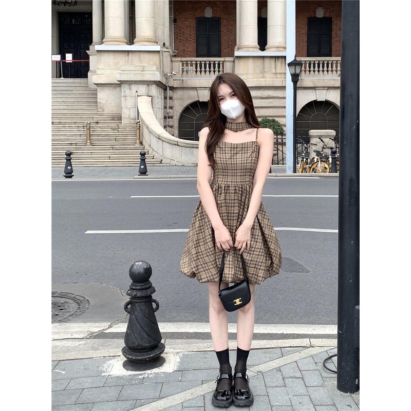 Đầm Hai Dây Ôm Eo Họa Tiết Sọc Caro Phong Cách Pháp Thời Trang Cao Cấp Cho Nữ