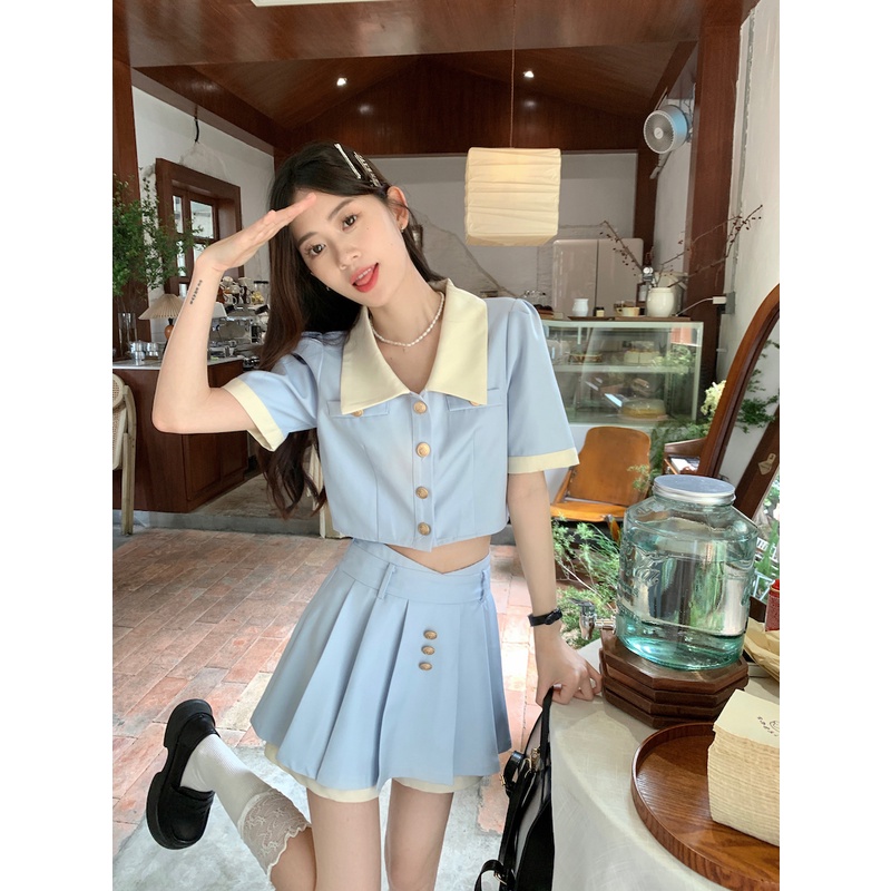 Set Áo Lửng Cổ Bẻ Dài Tay + Quần short Lưng Cao Thời Trang Nữ