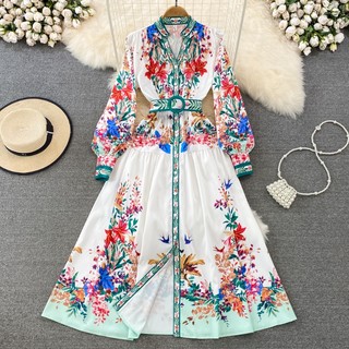 Đầm Chữ A Tay Dài Phồng Cổ Chữ V In Họa Tiết Phong Cách Cổ Điển Thanh Lịch Dành Cho Nữ