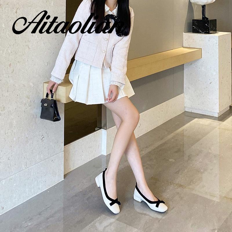 Giày Cao Gót 3cm Da Thật Mũi Vuông Đế Bằng Phong Cách retro Hợp Thời Trang Cho Nữ