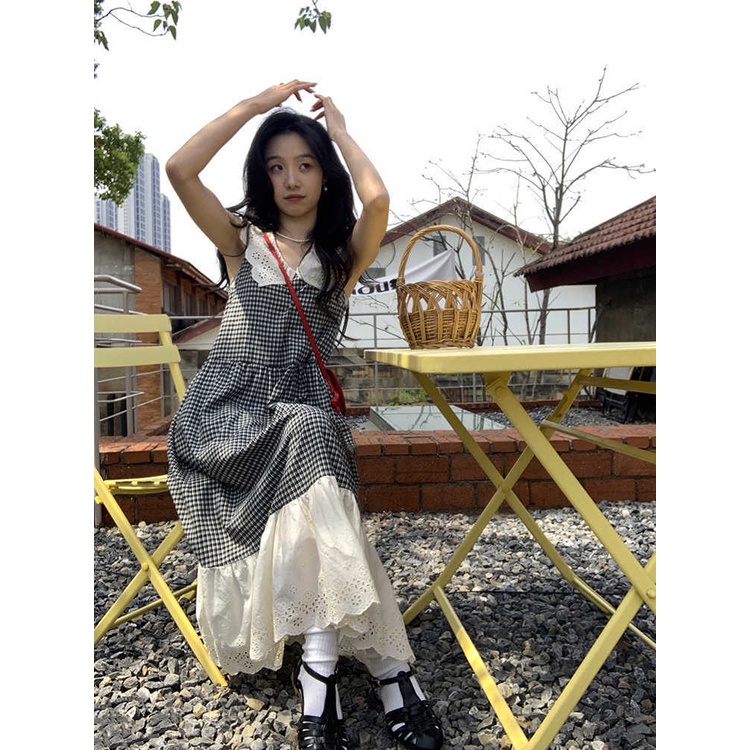 Đầm Dài Không Tay Cổ Búp Bê Họa Tiết Sọc Caro Ngọt Ngào Thời Trang Mùa Hè Theo Phong Cách Pháp Cho