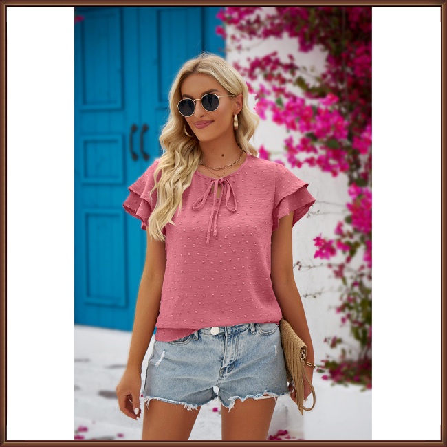 Áo Sơ Mi Chiffon Cổ Tròn Tay Ngắn Phối Bèo Và Quả Bông Thời Trang Mùa Hè Cho Nữ