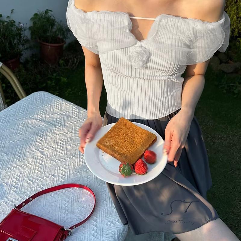 Áo Thun Gân Dệt Kim Ngắn Tay Trễ Vai Màu Trơn In Họa Tiết Hoa 3D CY03 Dành Cho Nữ