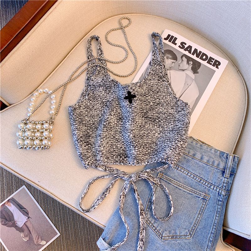 Áo Hai Dây Dệt Kim Dáng Ngắn Thời Trang Mùa Hè 2023 Cho Nữ Lưng