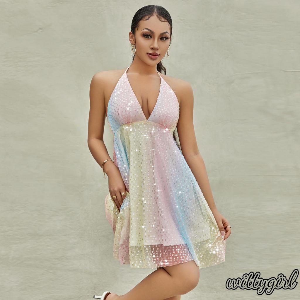 Đầm Ngắn Dáng Chữ A Không Tay Cổ Chữ V Khoét Sâu Đính Kim Sa Lấp Lánh Thời Trang Mùa Hè Cho Bạn Gái