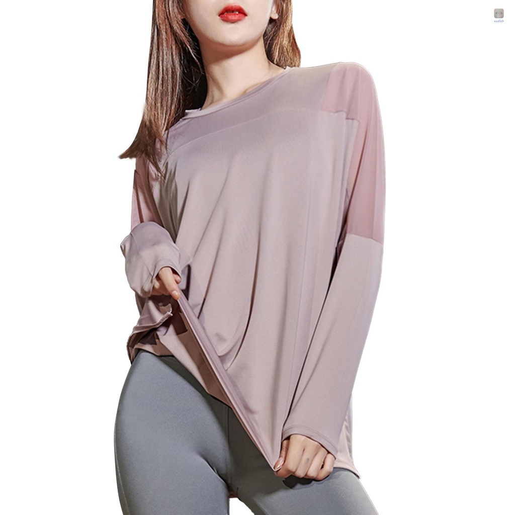 Áo Thun Thể Thao Tay Dài Cổ Tròn Phối Lưới Thoáng Khí Khô Nhanh Chống Ẩm Cho Nữ