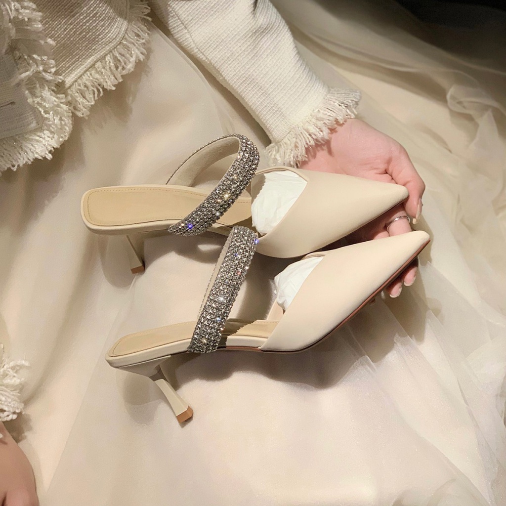 Tóc Thẳng ~ [Hàng Có Sẵn] Niche!Isn Giant Slimmer Look ~ Giày Cao Gót Một Mảnh Mũi Nhọn Đính Đá Thời Trang Cho Nữ