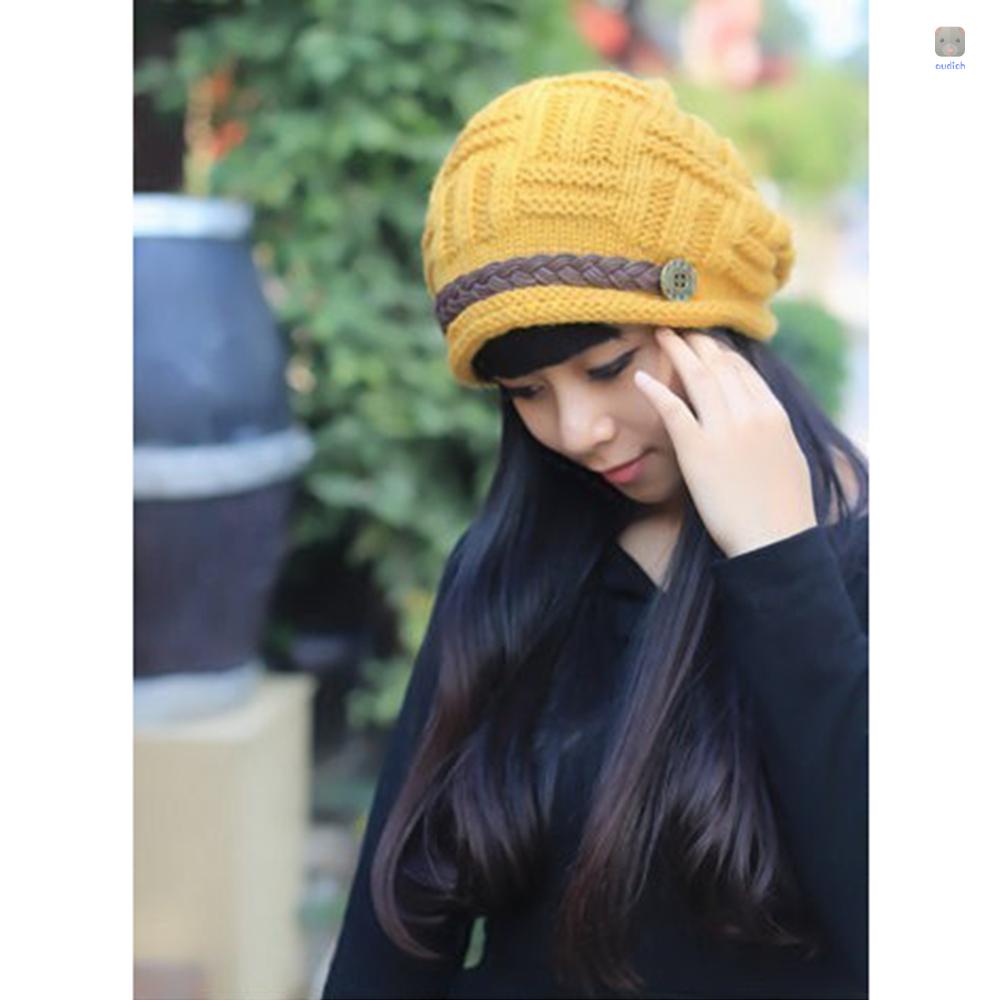 Mũ Len Beanie Dệt Kim Họa Tiết Kẻ Sọc Có Dây Thắt Lưng Bằng Da Thời Trang Mùa Đông Cho Nữ