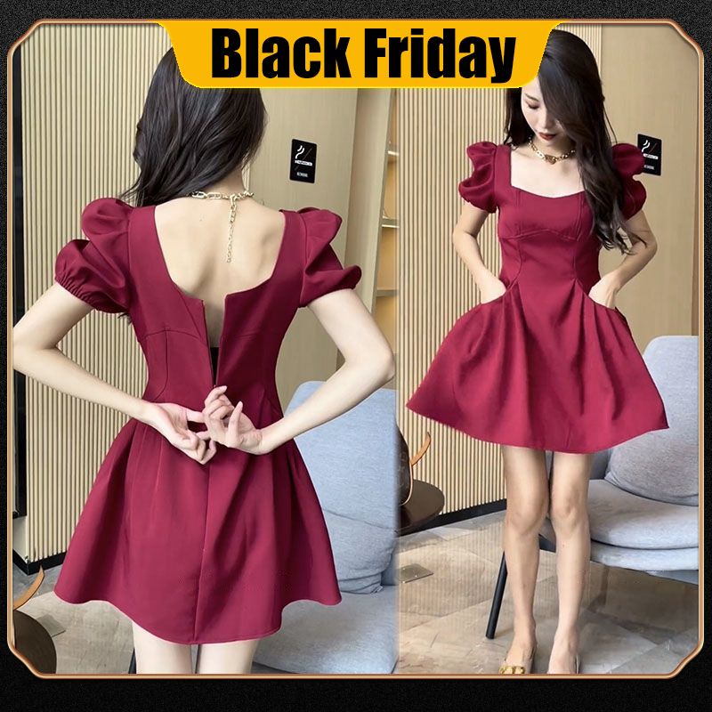 Đầm Ngắn Xếp Ly Tay Phồng Cổ Vuông Phong Cách Hoàng Gia Mùa Hè Mới Cho Nữ