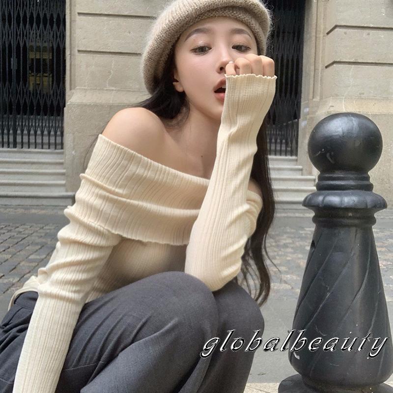 Áo Dệt Kim Dài Tay Trễ Vai Màu Sắc Đơn Giản Cho Nữ