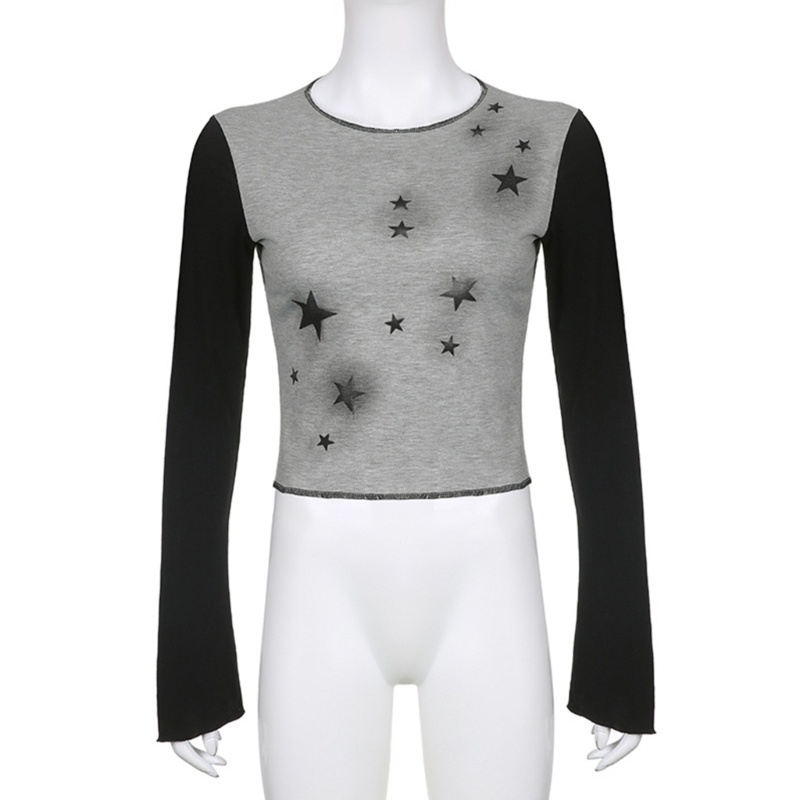 Áo Croptop Tay Dài Cổ Tròn In Họa Tiết Ngôi Sao Màu Đen / Nâu Thời Trang Mùa Hè Xinh Xắn Cho Nữ Y2k