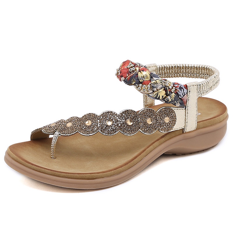 Giày Sandal Đế Xuồng Hở Ngón Mũi Tròn Đính Đá Thoải Mái Phong Cách Bohemian Dành Cho Nữ
