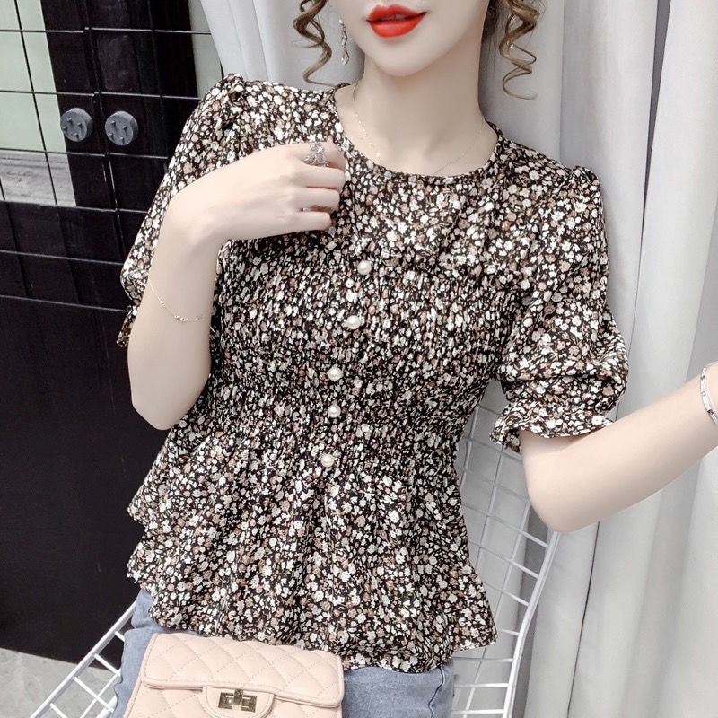 Áo Voan Hoa Tay Ngắn Cổ Tròn Xếp Ly Ôm Eo Phong Cách Hàn Quốc Dành Cho Nữ