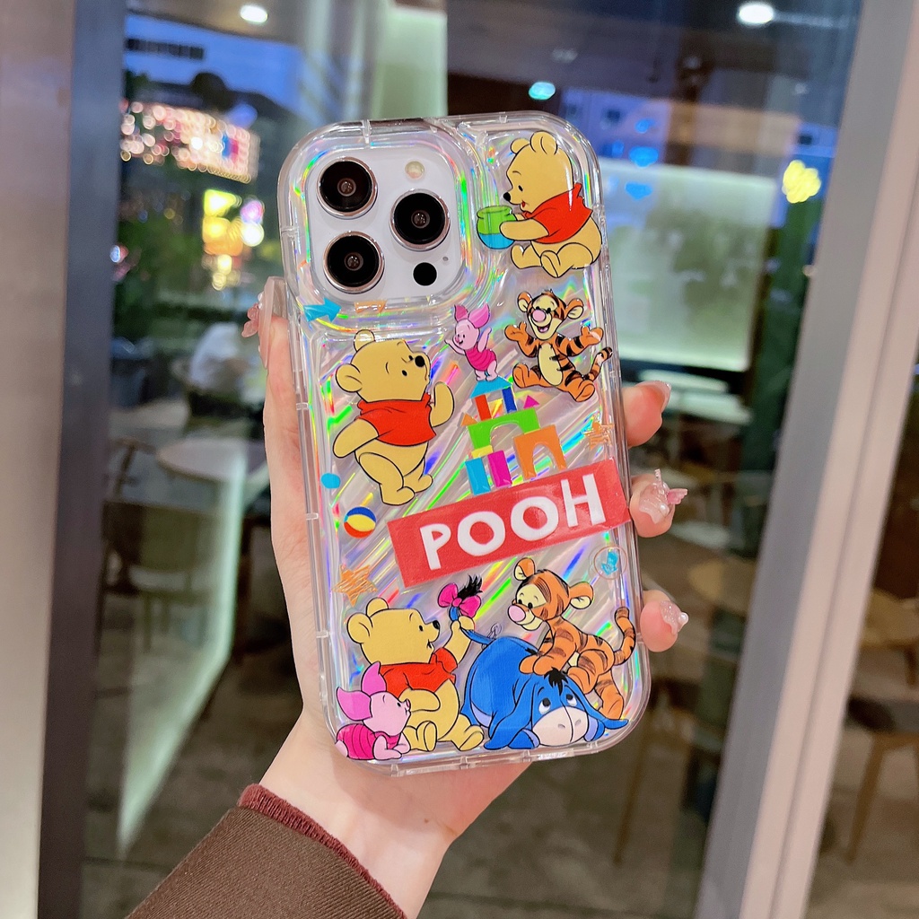 Ốp Điện Thoại TPU Dẻo Màu Laser Họa Tiết Gấu Dâu Tây / Gấu Pooh Dễ Thương Chống Rơi Cho iPhone 12 13 14 Pro Max