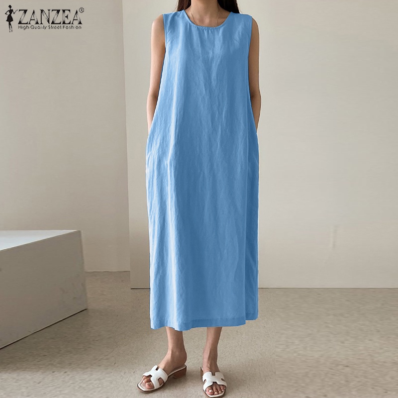ZANZEA Đầm Nữ Cộc Tay Cổ Tròn Form Rộng Thời Trang Hàn