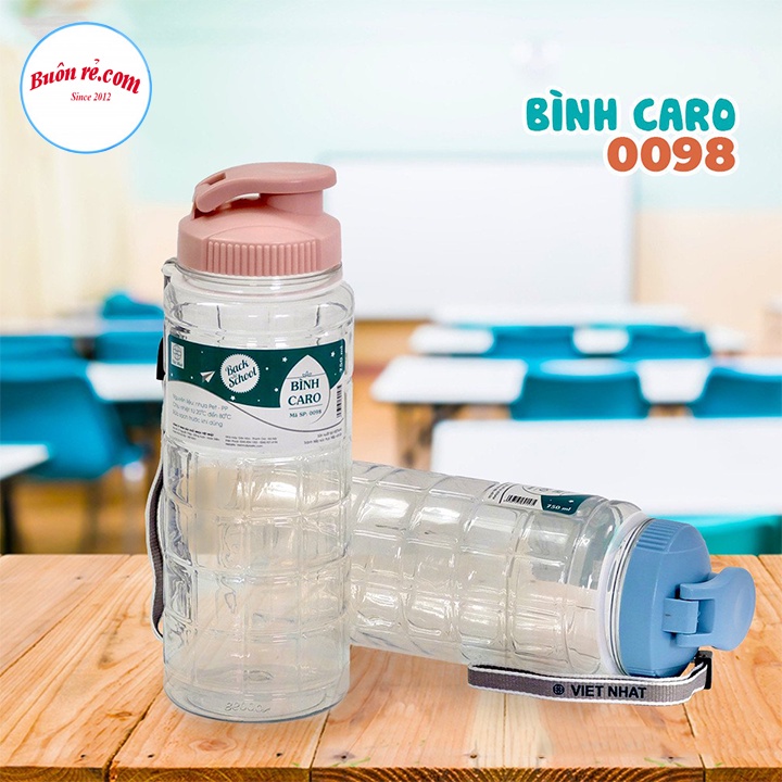Bình nước học sinh kẻ caro 550ml/750ml/900ml Việt Nhật , Bình đựng nước thể thao có quai dù treo -Buôn rẻ