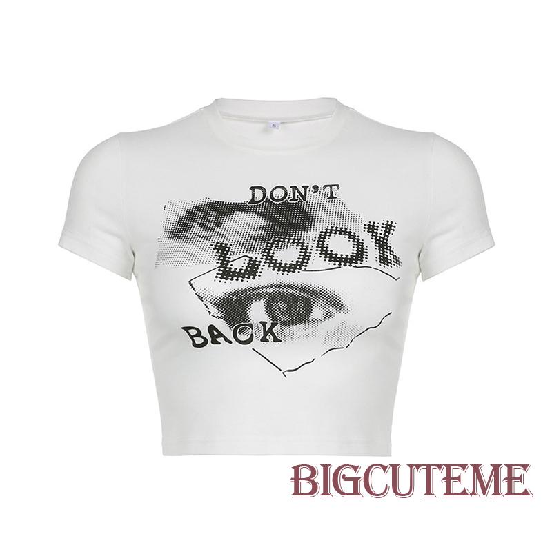 Áo Thun Lửng Ngắn Tay Cổ Tròn In Hình Đôi Mắt Thời Trang Mùa Hè Dành Cho Nữ