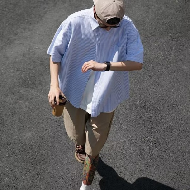 Áo Sơ Mi Tay Ngắn Dáng Rộng Vải Cotton Họa Tiết Kẻ Sọc Phong Cách Nhật Bản Cao Cấp