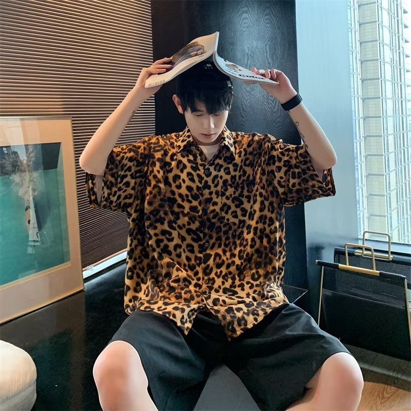 Áo Sơ Mi Nửa Tay Nam Họa Tiết Màu M-3XL Xù Đẹp Trai Hộp Đêm Phong Cách Da Báo In Nửa Tay Áo Sơ Mi Nam Mùa Hè Hợp Thời Trang Rời Áo Sơ Mi Thường Ngày Ra