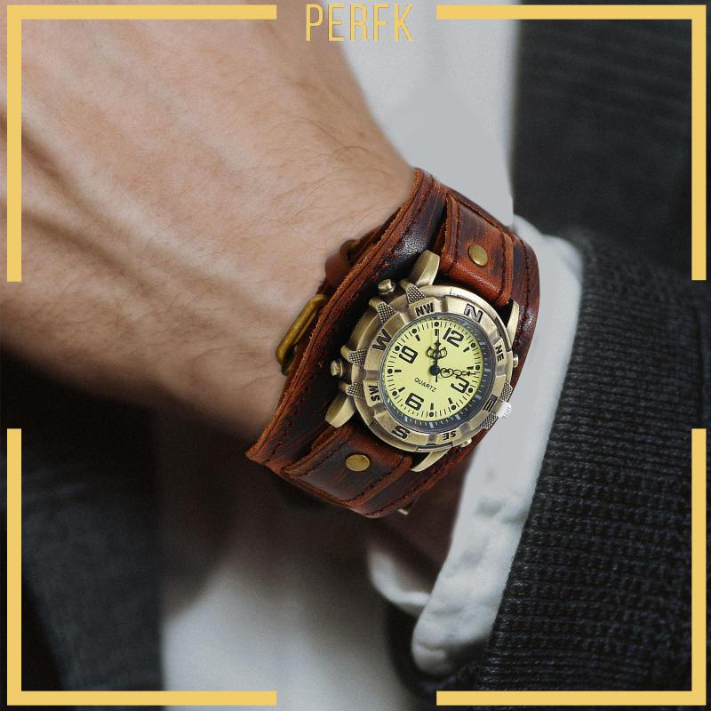 Đồng Hồ Đeo Tay Dây Da Màu Đen Phong Cách Punk Vintage Cho Nam