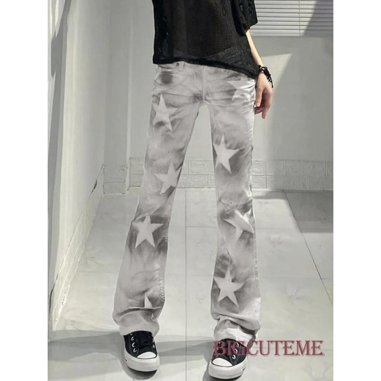 Quần Dài Dáng Suông Rộng Eo Thun In Màu Nhuộm Hình Ngôi Sao Thời Trang Đường Phố Cho Nữ