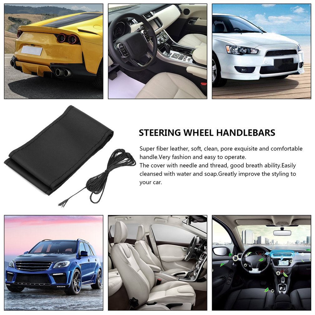 Universal Diy Car Auto Vehicles Super Fiber Leather Steering Wheel Cover Case With And Thread Black [Q/8]