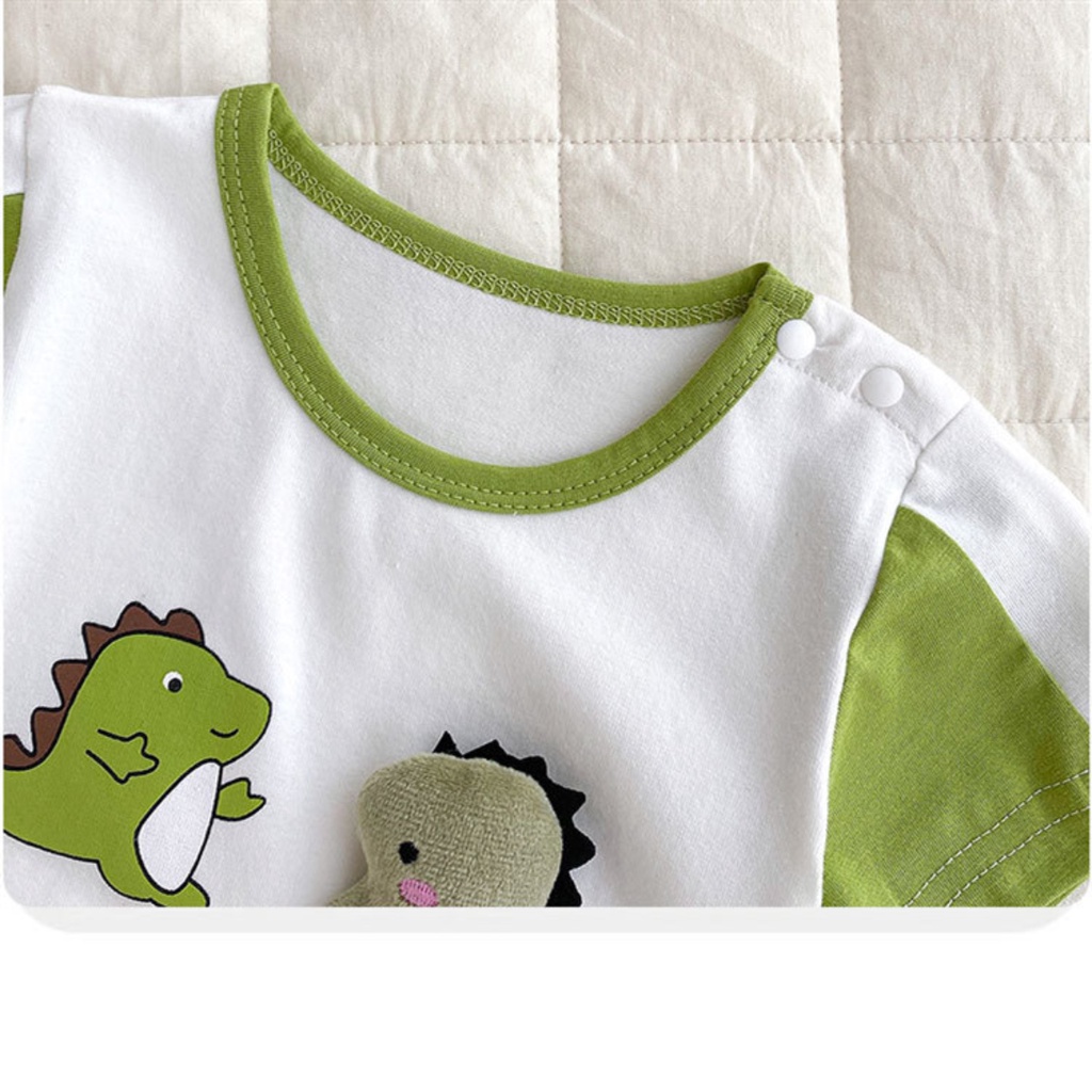 Bộ Áo Liền Quần Bằng Cotton Tay Ngắn In Hình Khủng Long Hoạt Hình Dễ Thương Thời Trang Mùa Hè Cho Bé 0-2