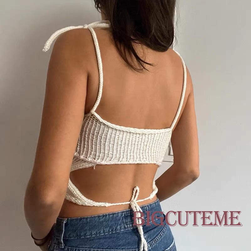 Áo Croptop Dệt Kim Không Tay Màu Be Trang Trí Hoa Hồng Thời Trang Mùa Hè Cho Nữ