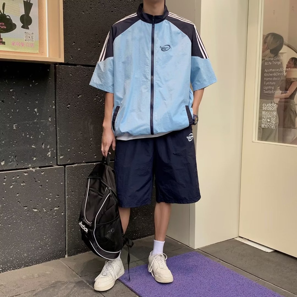 Bộ Đồ Thể Thao Áo Tay Ngắn Phối Quần Short Dáng Rộng Kiểu Retro Mỹ Thời Trang Mùa Hè 2023 Cho Nam