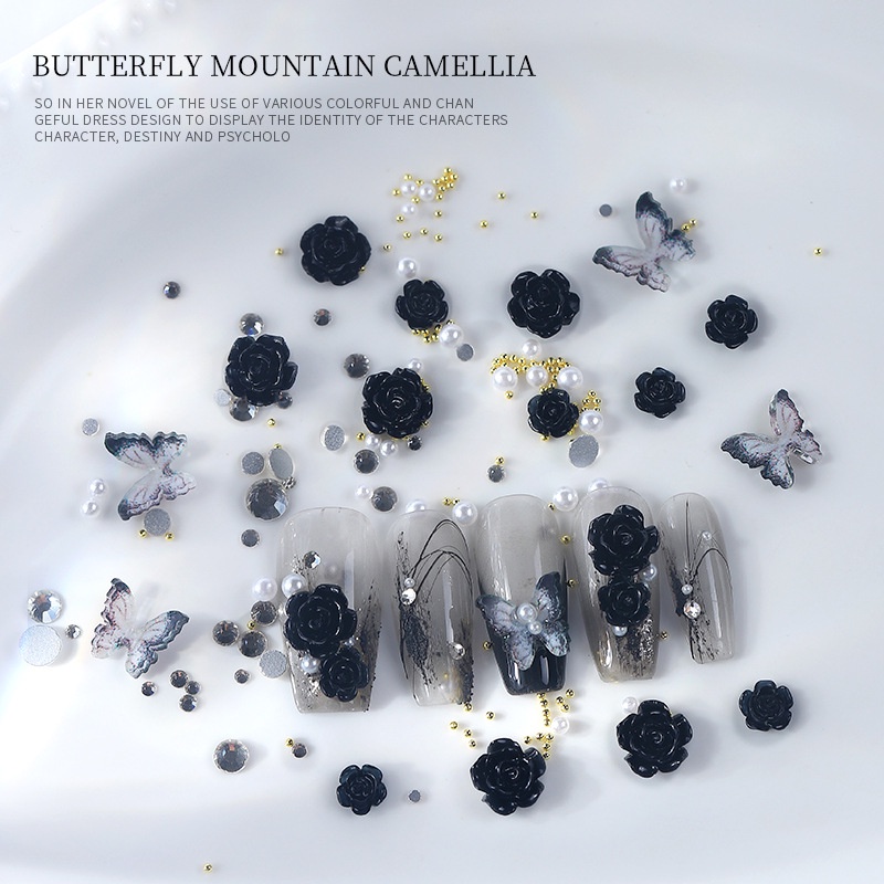 Hạt Đá Pha Lê Hình Bướm / Hoa Trà / Hoa Hồng / Đen / Đỏ Trang Trí Móng Nghệ Thuậ