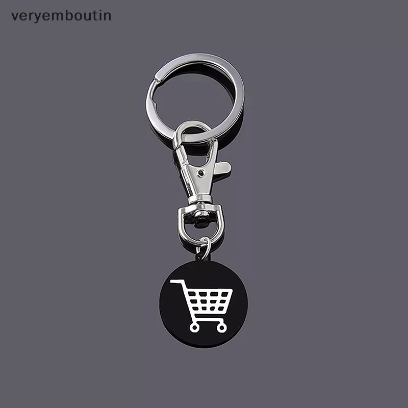 Móc Khóa Tròn Màu Đen Bằng Thép Không Gỉ in Logo Xe Đẩy Mua Sắm Sáng Tạo