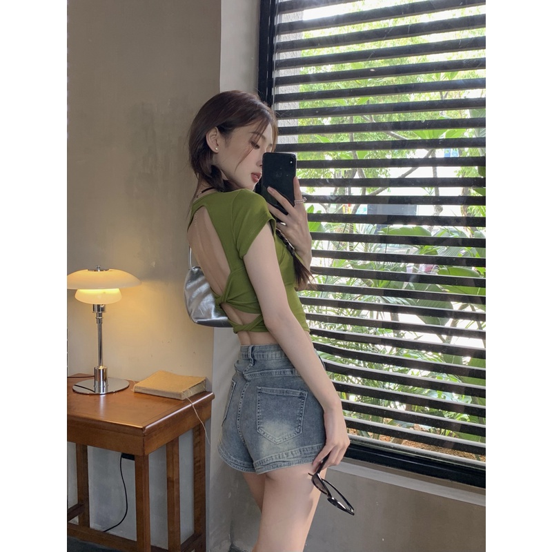 Áo thun croptop ZWQFP hở lưng cột dây ôm dáng phong cách gợi cảm thời trang dành cho nữ