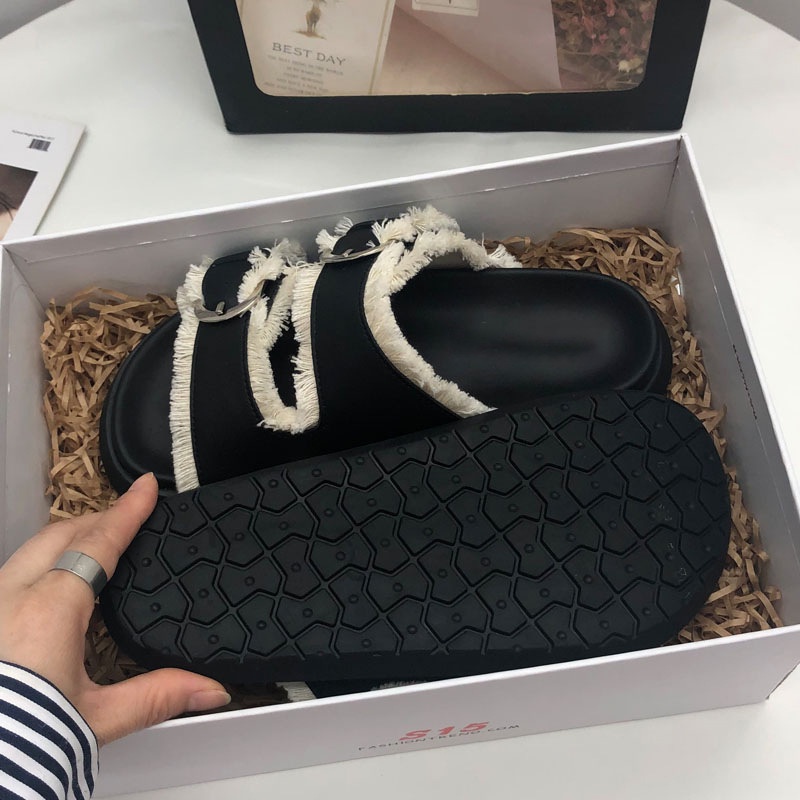 Duoya Tóc Thẳng ~ [Hàng Có Sẵn] Dép Da Mềm Phối Tua Rua Thời Trang Thường Ngày Miễn Phí Vận Chuyển