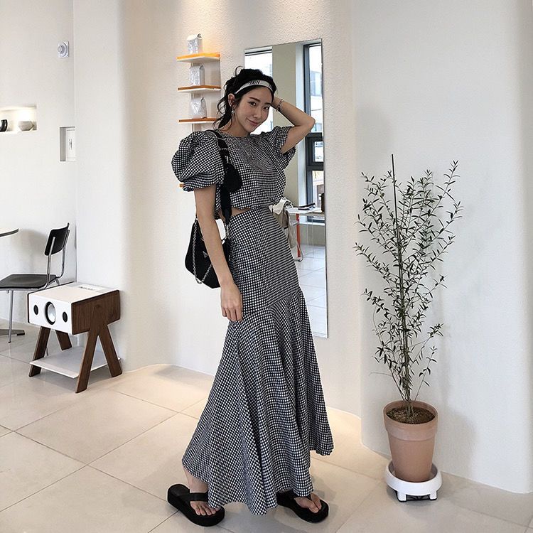 Bộ Áo Sơ Mi Tay Phồng Kẻ Sọc + Chân Váy Đuôi Cá Eo Cao Thời Trang Mùa Hè Hàn Quốc Cho Nữ