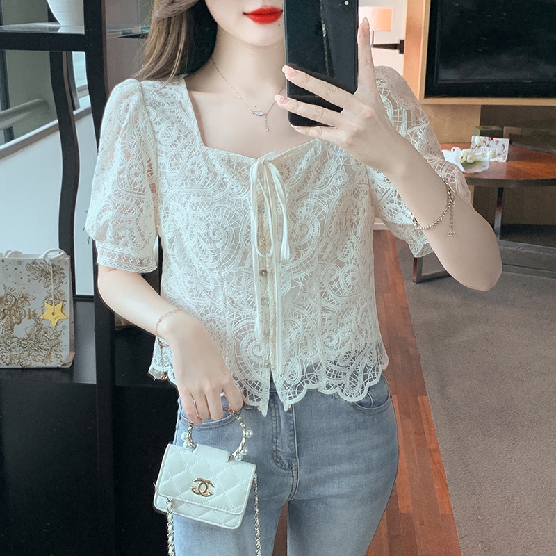 Áo Sơ Mi Chiffon Tay Ngắn Phối Ren Thời Trang Mùa Hè 2023 Phong Cách Mới Cho Nữ