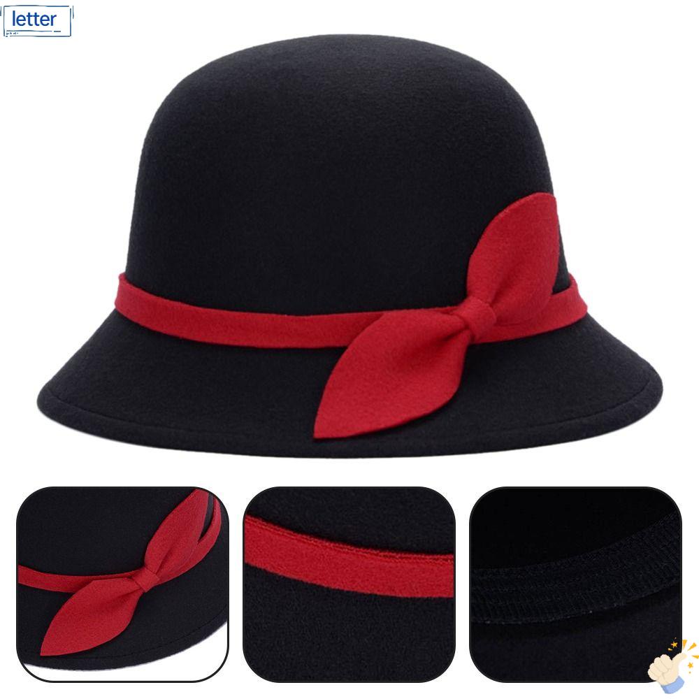 LET Mũ Vành Fedora Vải Len Đính Nơ Phong Cách Vintage