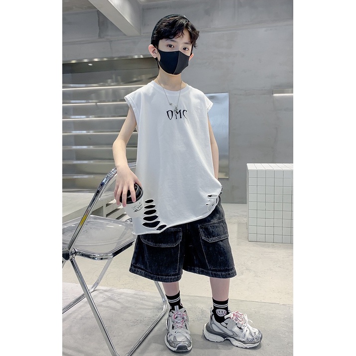 Áo thun ba lỗ bé trai rách gấu AB748 SIZE ĐẠI 120-170, áo phông phong cách thời trang mùa hè cho bé