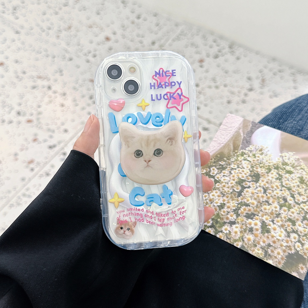 Ốp Điện Thoại TPU Dẻo Trong Suốt Họa Tiết Hoạt Hình Chú Mèo Kèm Giá Đỡ Cho iPhone 13 12 11 Pro Max 14 Plus